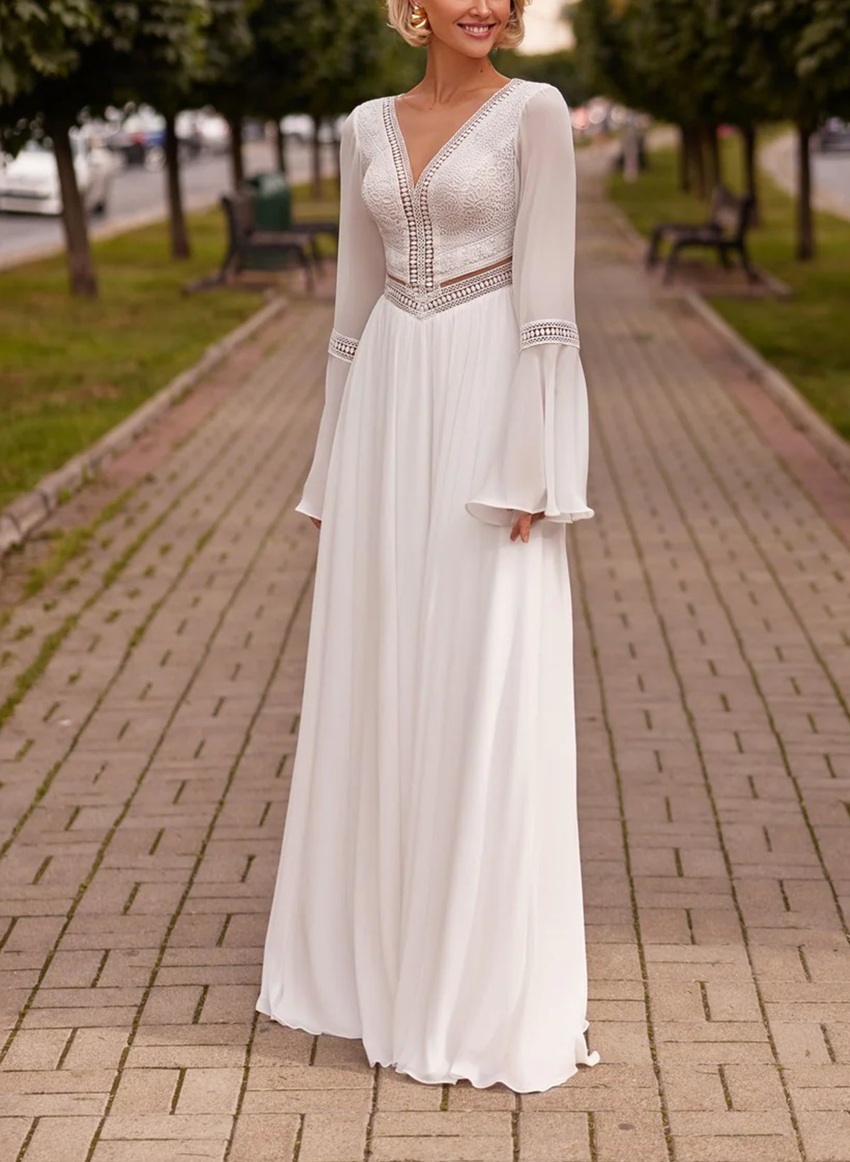 A-Line V-Neck Long Sleeves Floor-Length Lace Wedding Dresses