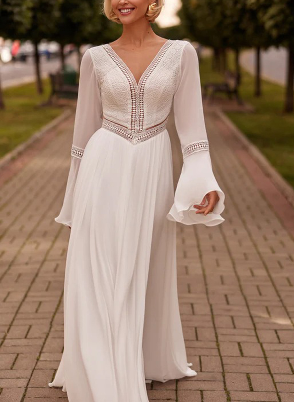 A-Line V-Neck Long Sleeves Floor-Length Lace Wedding Dresses