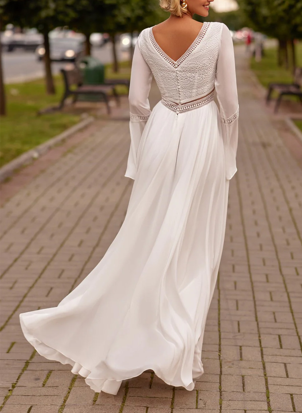 A-Line V-Neck Long Sleeves Floor-Length Lace Wedding Dresses