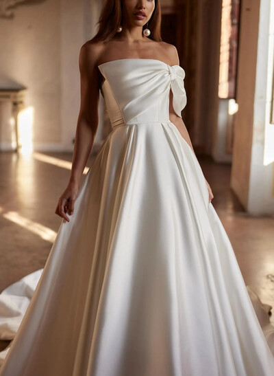 Ball-Gown Bateau Neck Detachable Sleeves Court Train Satin Tulle Wedding Dresses With Bow(s)