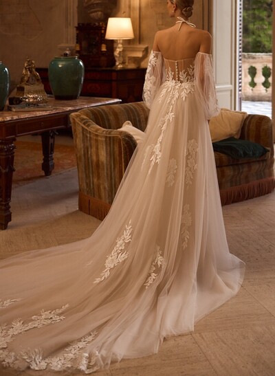 A-Line Sweetheart Detachable Sleeves Chapel Train Chiffon Tulle Wedding Dresses With Appliques Lace