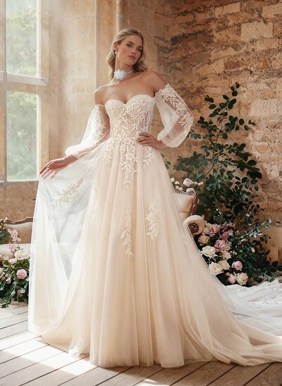 A-Line Sweetheart Detachable Sleeves Chapel Train Chiffon Tulle Wedding Dresses With Appliques Lace