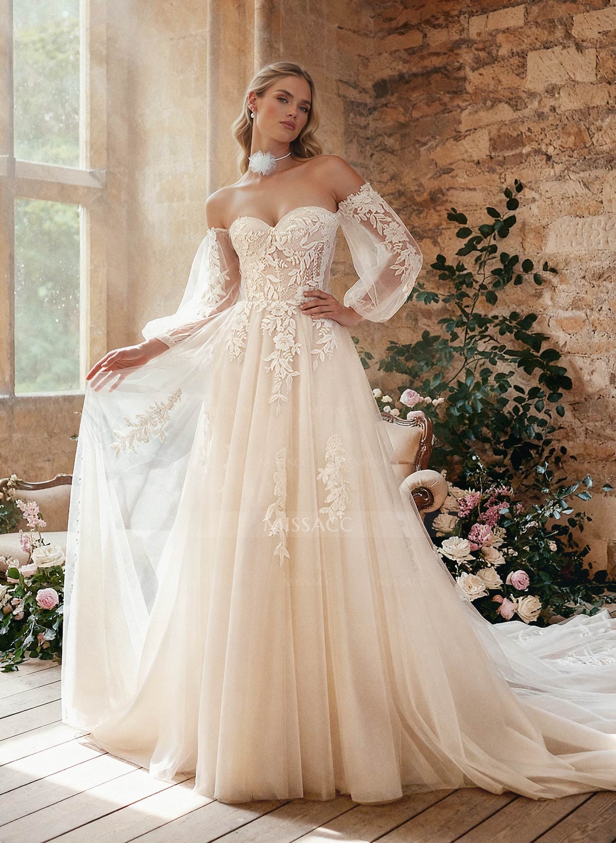 A-Line Sweetheart Detachable Sleeves Chapel Train Chiffon Tulle Wedding Dresses With Appliques Lace