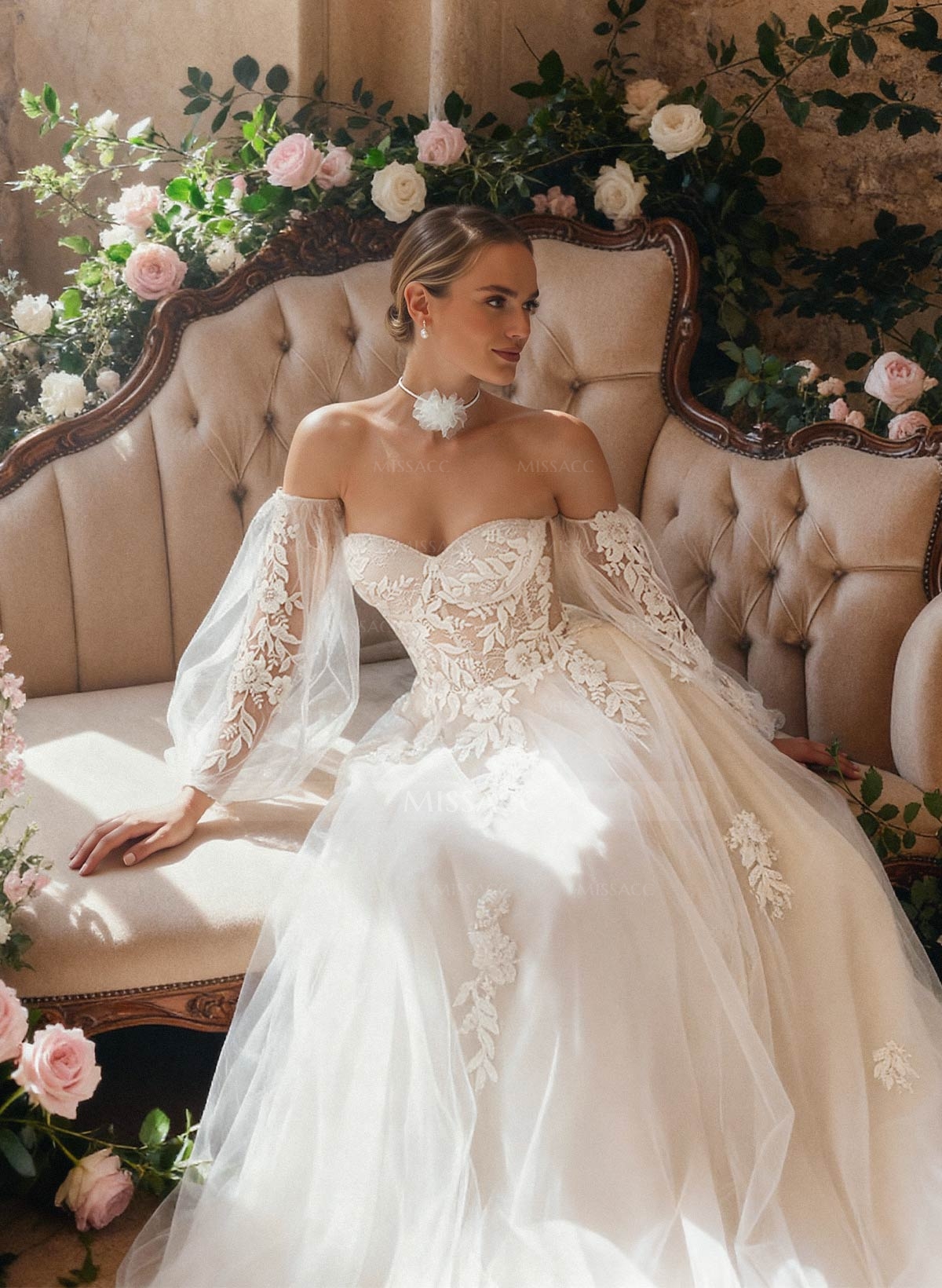 A-Line Sweetheart Detachable Sleeves Chapel Train Chiffon Tulle Wedding Dresses With Appliques Lace