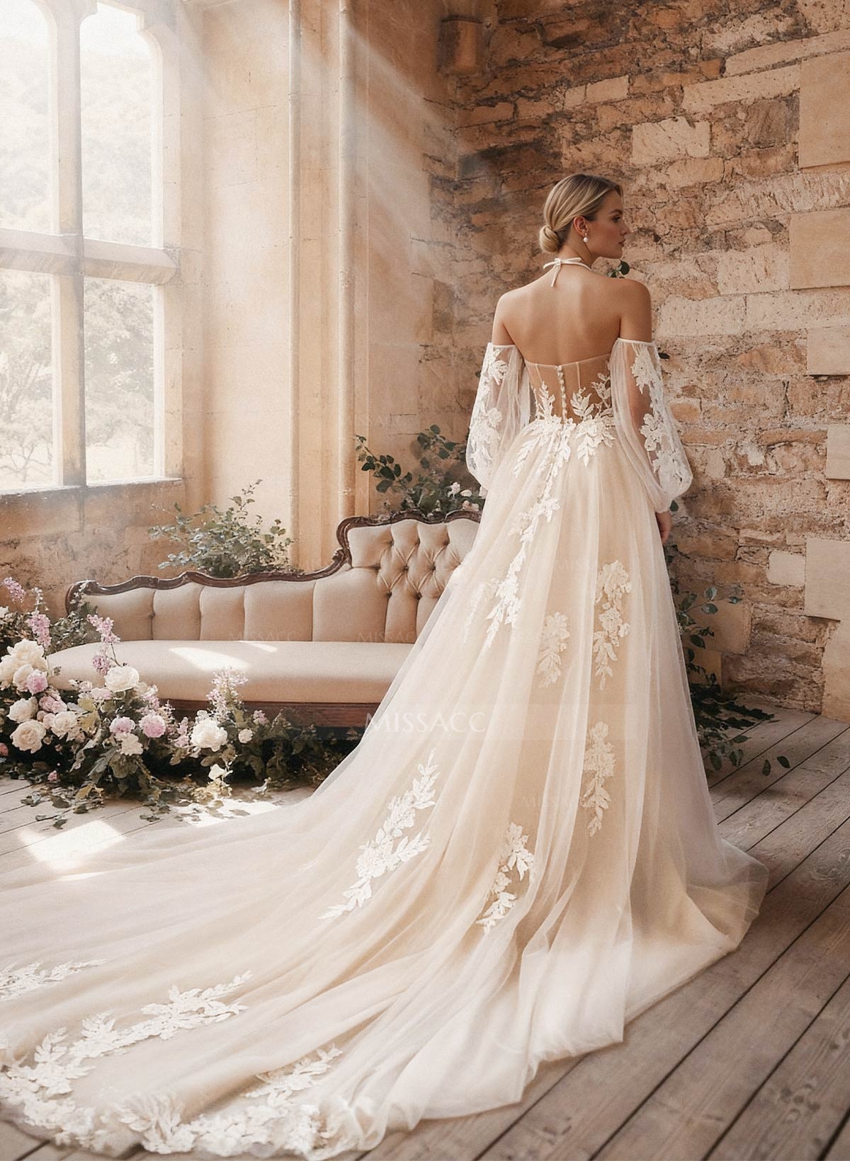 A-Line Sweetheart Detachable Sleeves Chapel Train Chiffon Tulle Wedding Dresses With Appliques Lace