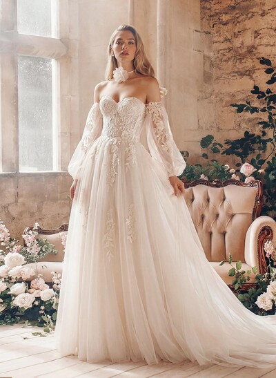 A-Line Sweetheart Detachable Sleeves Chapel Train Chiffon Tulle Wedding Dresses With Appliques Lace