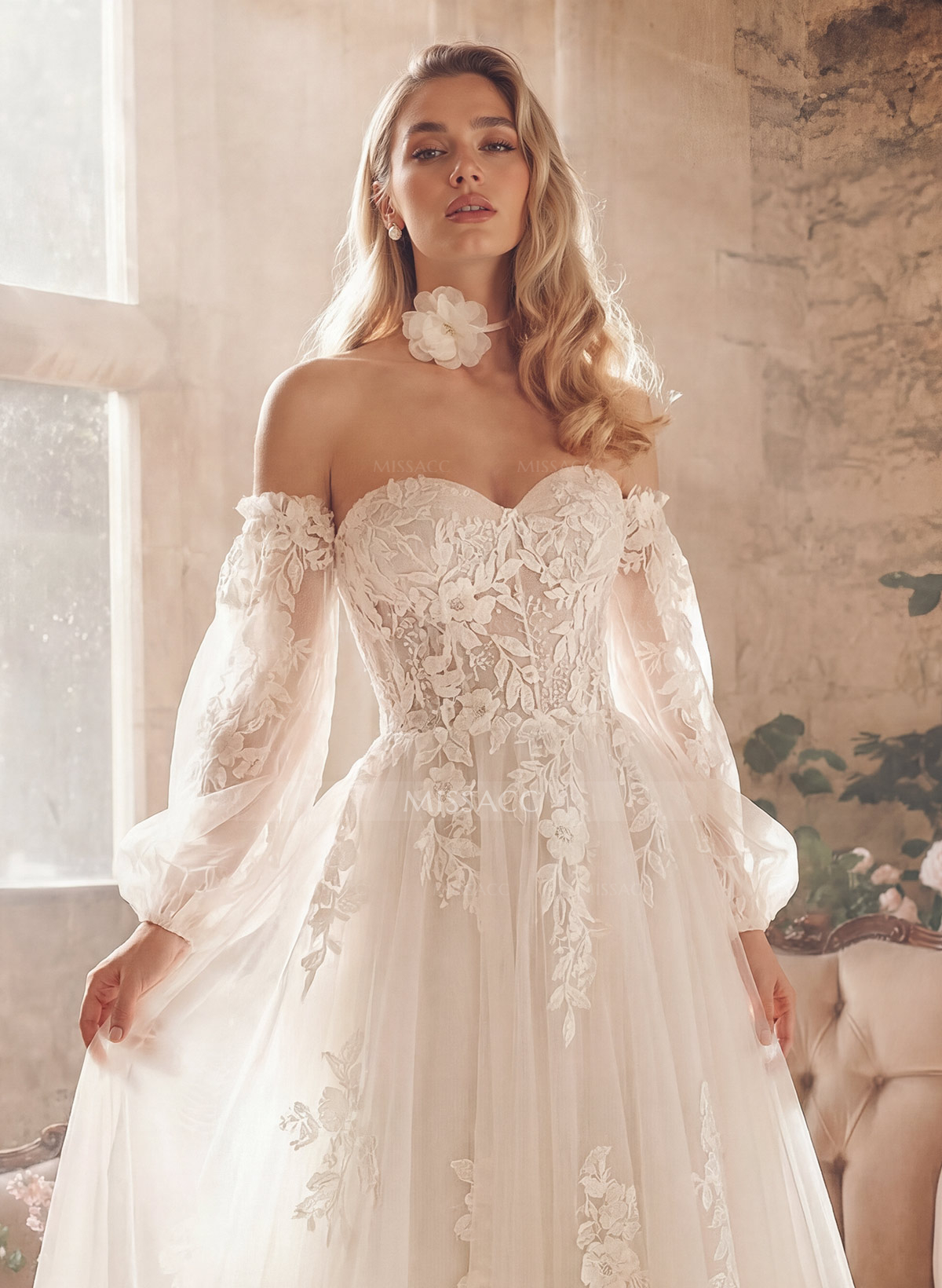 A-Line Sweetheart Detachable Sleeves Chapel Train Chiffon Tulle Wedding Dresses With Appliques Lace