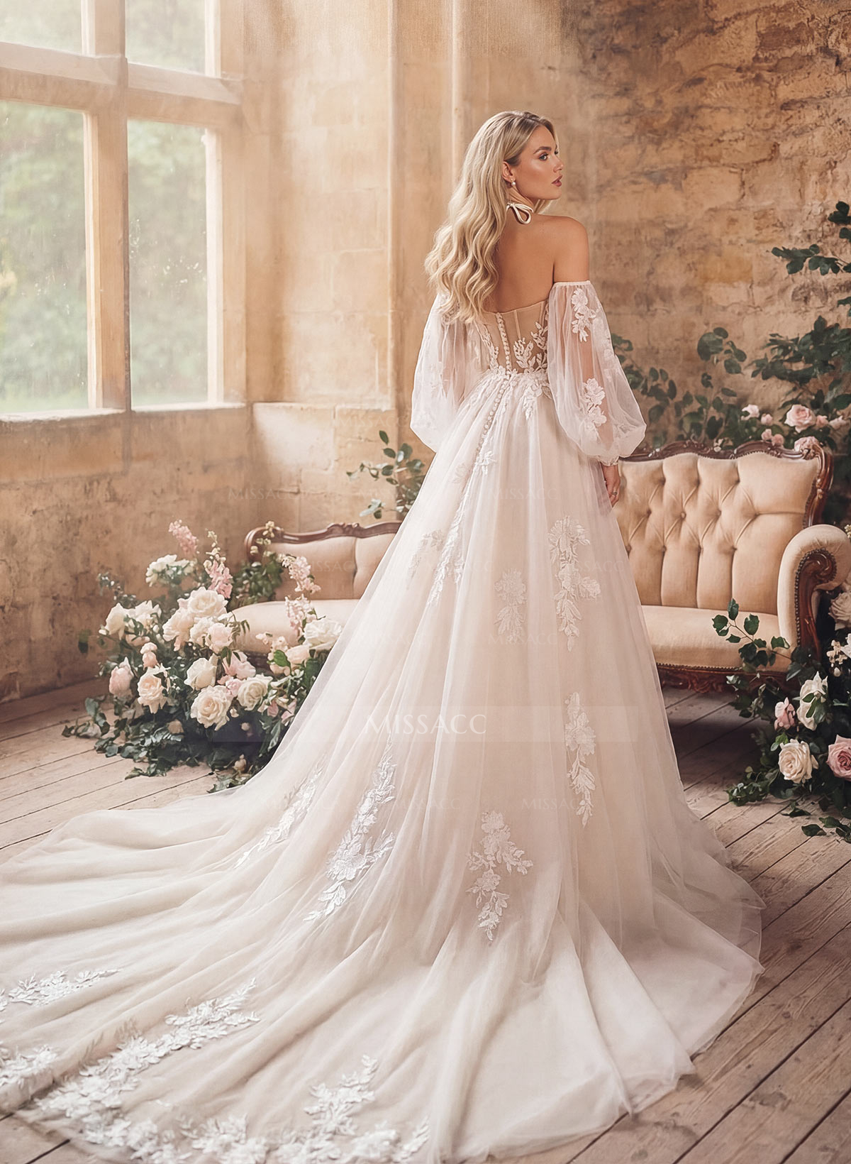 A-Line Sweetheart Detachable Sleeves Chapel Train Chiffon Tulle Wedding Dresses With Appliques Lace