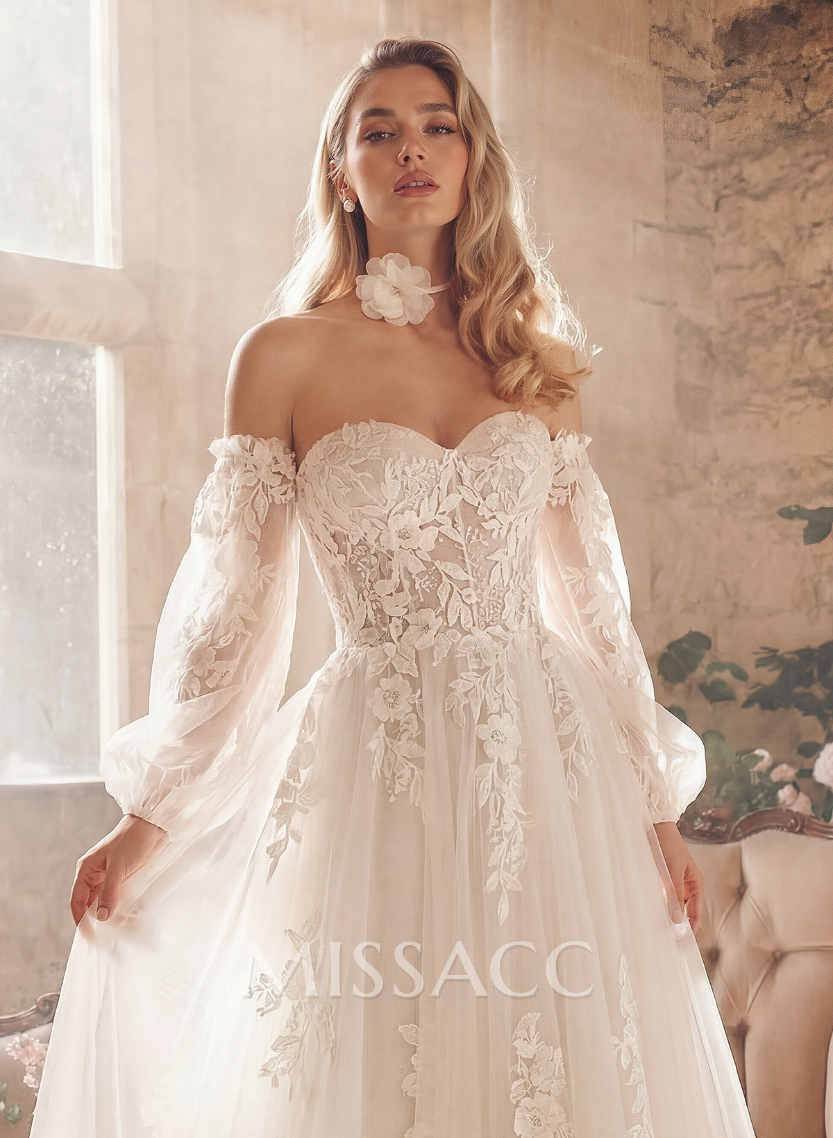 A-Line Sweetheart Detachable Sleeves Chapel Train Chiffon Tulle Wedding Dresses With Appliques Lace A-Line Sweetheart Detachable Sleeves Chapel Train Chiffon Tulle Wedding Dresses With Appliques Lace