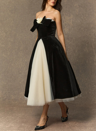 Ball-Gown Strapless Sleeveless Tea-Length Wedding Dresses With Bow(s)/Flower(s)