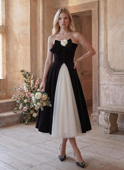 Ball-Gown Strapless Sleeveless Tea-Length Wedding Dresses With Bow(s)/Flower(s)