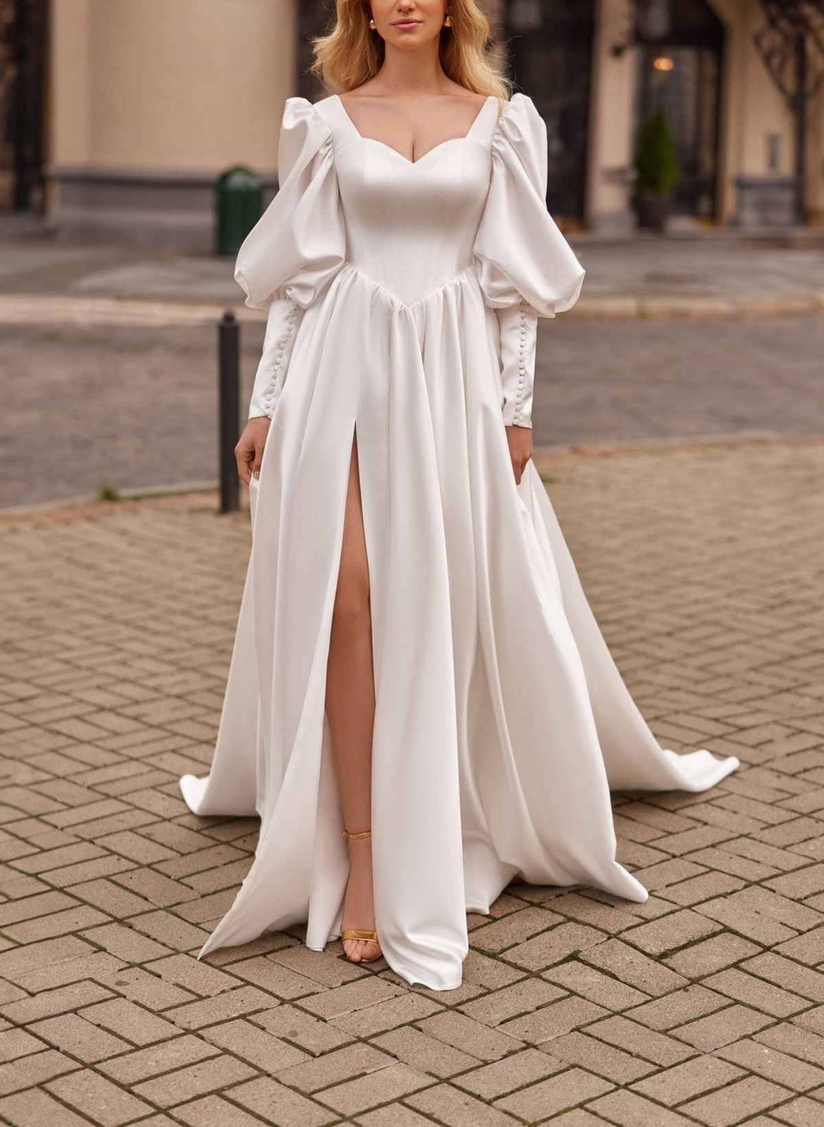 A-Line Sweetheart Long Sleeves Detachable Soft Satin Wedding Dresses With High Split Shoulder Ruffle Bubble Hem
