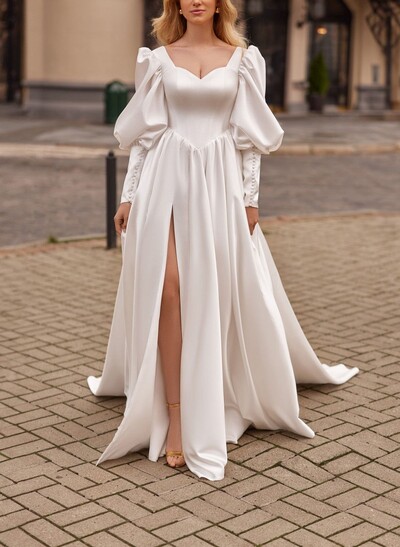A-Line Sweetheart Long Sleeves Detachable Soft Satin Wedding Dresses With High Split Shoulder Ruffle Bubble Hem