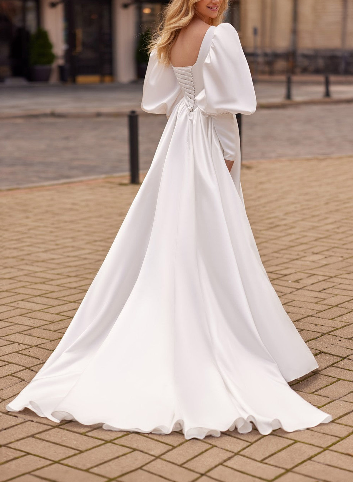 A-Line Sweetheart Long Sleeves Detachable Soft Satin Wedding Dresses With High Split Shoulder Ruffle Bubble Hem