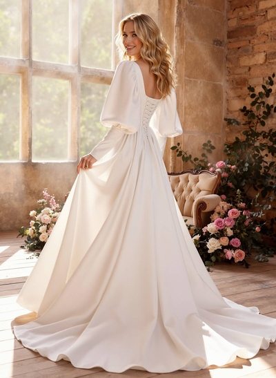 A-Line Sweetheart Long Sleeves Detachable Soft Satin Wedding Dresses With High Split Shoulder Ruffle Bubble Hem