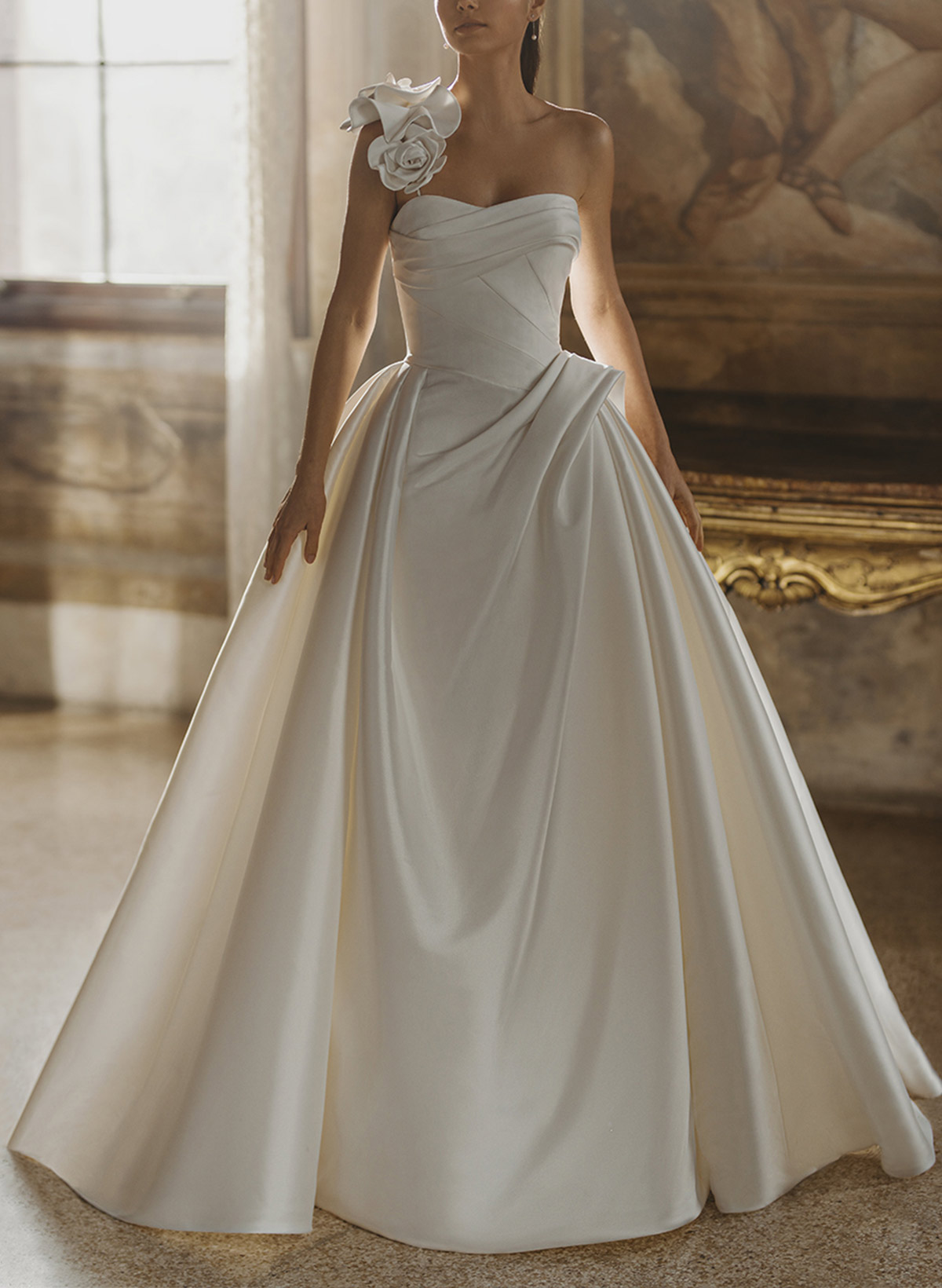 Ball-Gown One-Shoulder Sleeveless Sweep Train Matte Satin Wedding Dresses With Flower(s)