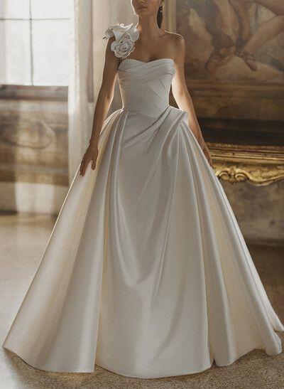 Ball-Gown One-Shoulder Sleeveless Sweep Train Matte Satin Wedding Dresses With Flower(s)
