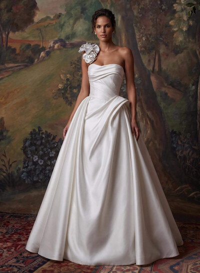 Ball-Gown One-Shoulder Sleeveless Sweep Train Matte Satin Wedding Dresses With Flower(s)