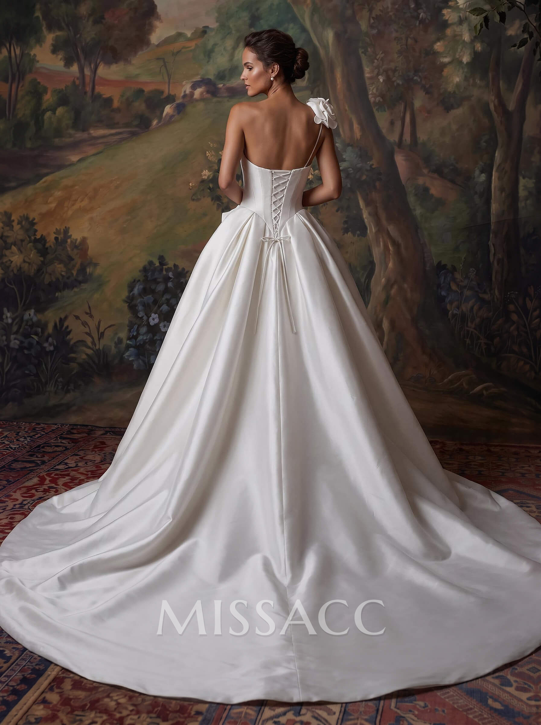 Ball-Gown One-Shoulder Sleeveless Sweep Train Matte Satin Wedding Dresses With Flower(s)