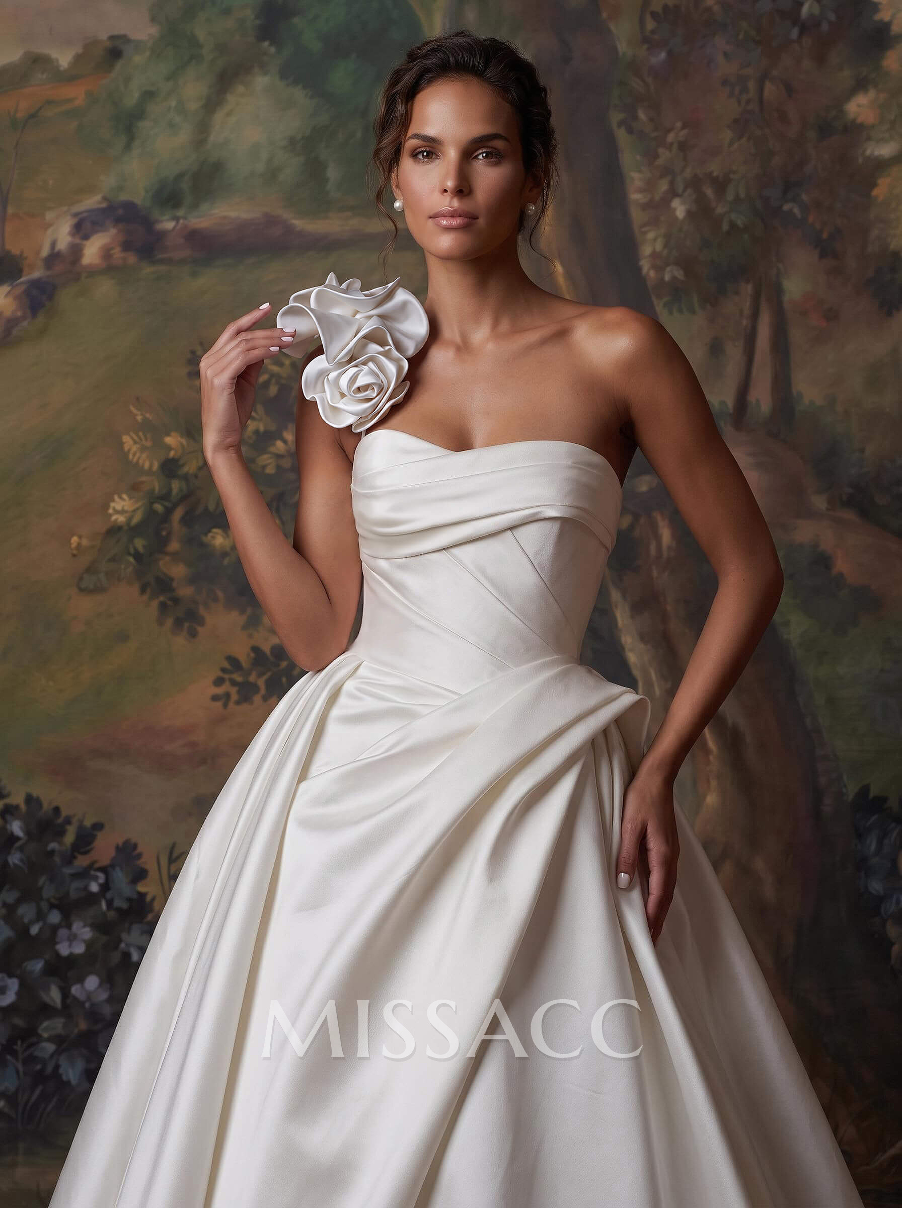 Ball-Gown One-Shoulder Sleeveless Sweep Train Matte Satin Wedding Dresses With Flower(s)