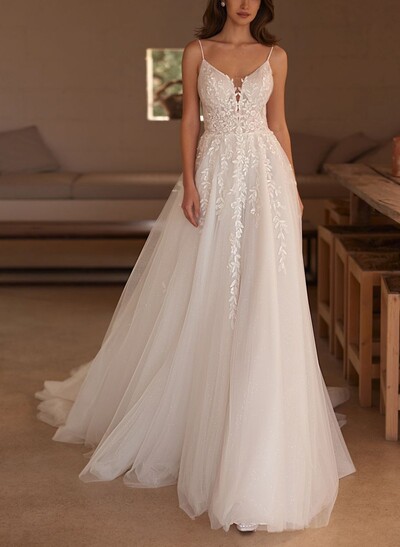 A-Line Sweetheart Sleeveless Court Train Satin Tulle Wedding Dresses With Appliques Lace