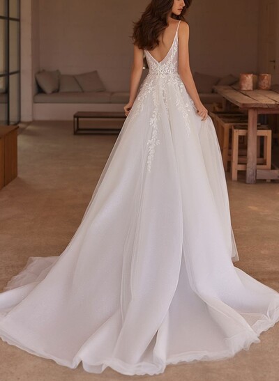A-Line Sweetheart Sleeveless Court Train Satin Tulle Wedding Dresses With Appliques Lace