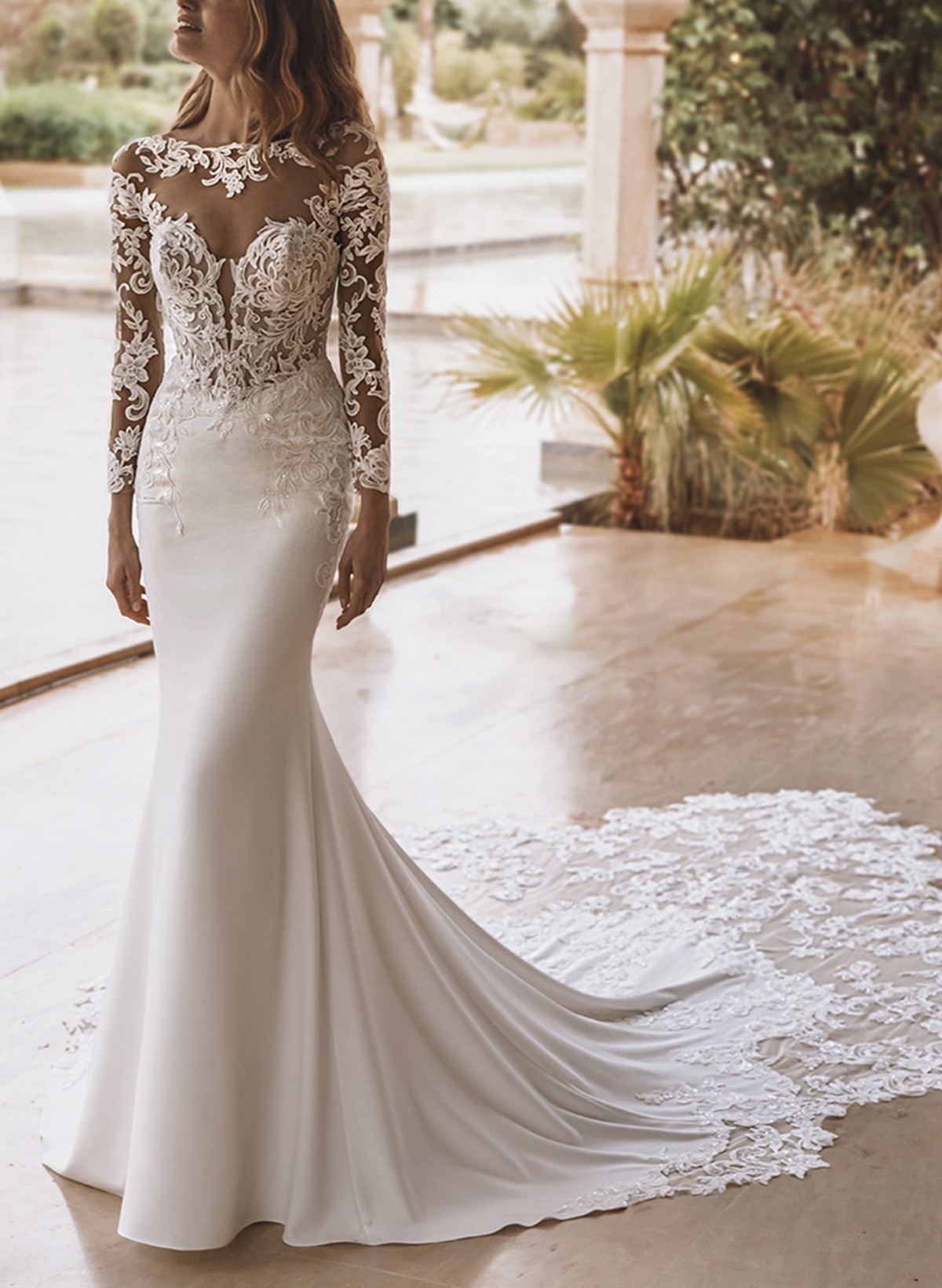 Trumpet Mermaid Illusion Neck Long Sleeves Cathedral Tulle Elastic Satin Wedding Dresses With Lace Back Hole