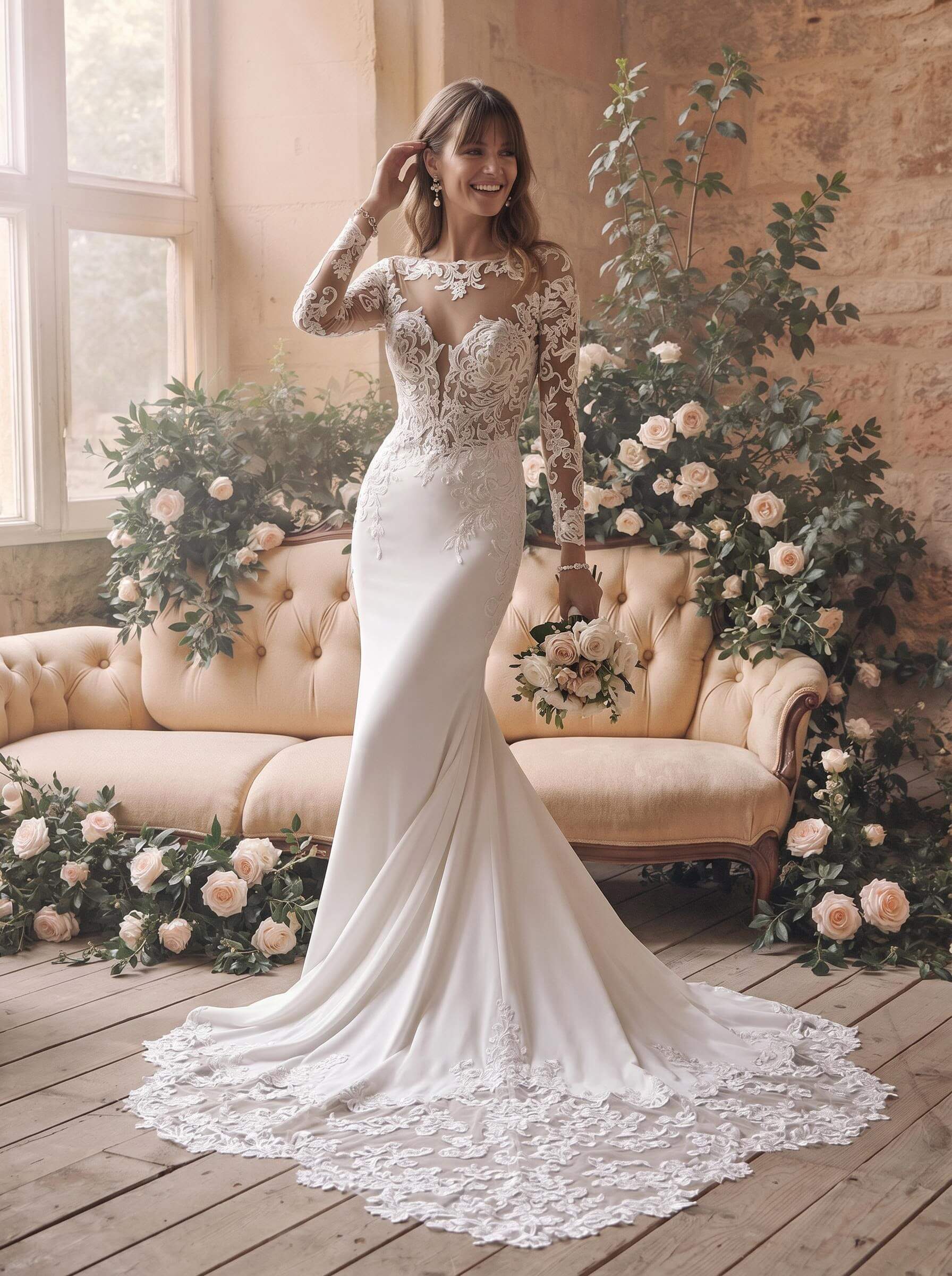 Trumpet Mermaid Illusion Neck Long Sleeves Cathedral Tulle Elastic Satin Wedding Dresses With Lace Back Hole Trumpet Mermaid Illusion Neck Long Sleeves Cathedral Tulle Elastic Satin Wedding Dresses With Lace Back Hole