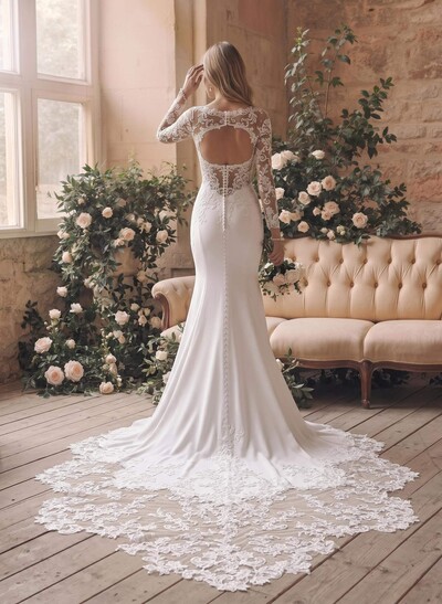 Trumpet Mermaid Illusion Neck Long Sleeves Cathedral Tulle Elastic Satin Wedding Dresses With Lace Back Hole