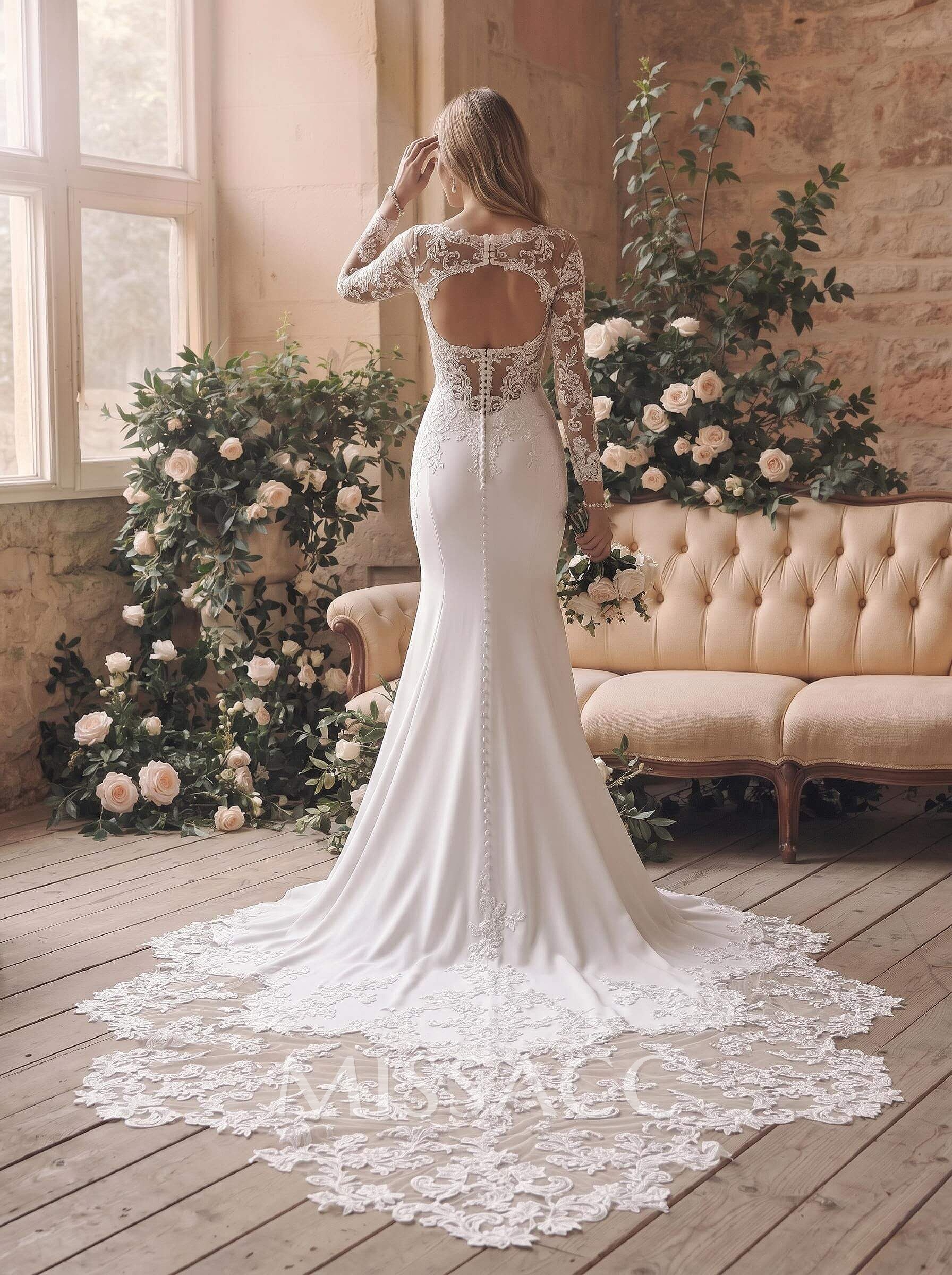 Trumpet Mermaid Illusion Neck Long Sleeves Cathedral Tulle Elastic Satin Wedding Dresses With Lace Back Hole Trumpet Mermaid Illusion Neck Long Sleeves Cathedral Tulle Elastic Satin Wedding Dresses With Lace Back Hole