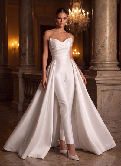 Jumpsuit Pantsuit Sweetheart Sleeveless Detachable Soft Satin Wedding Dresses With Bow
