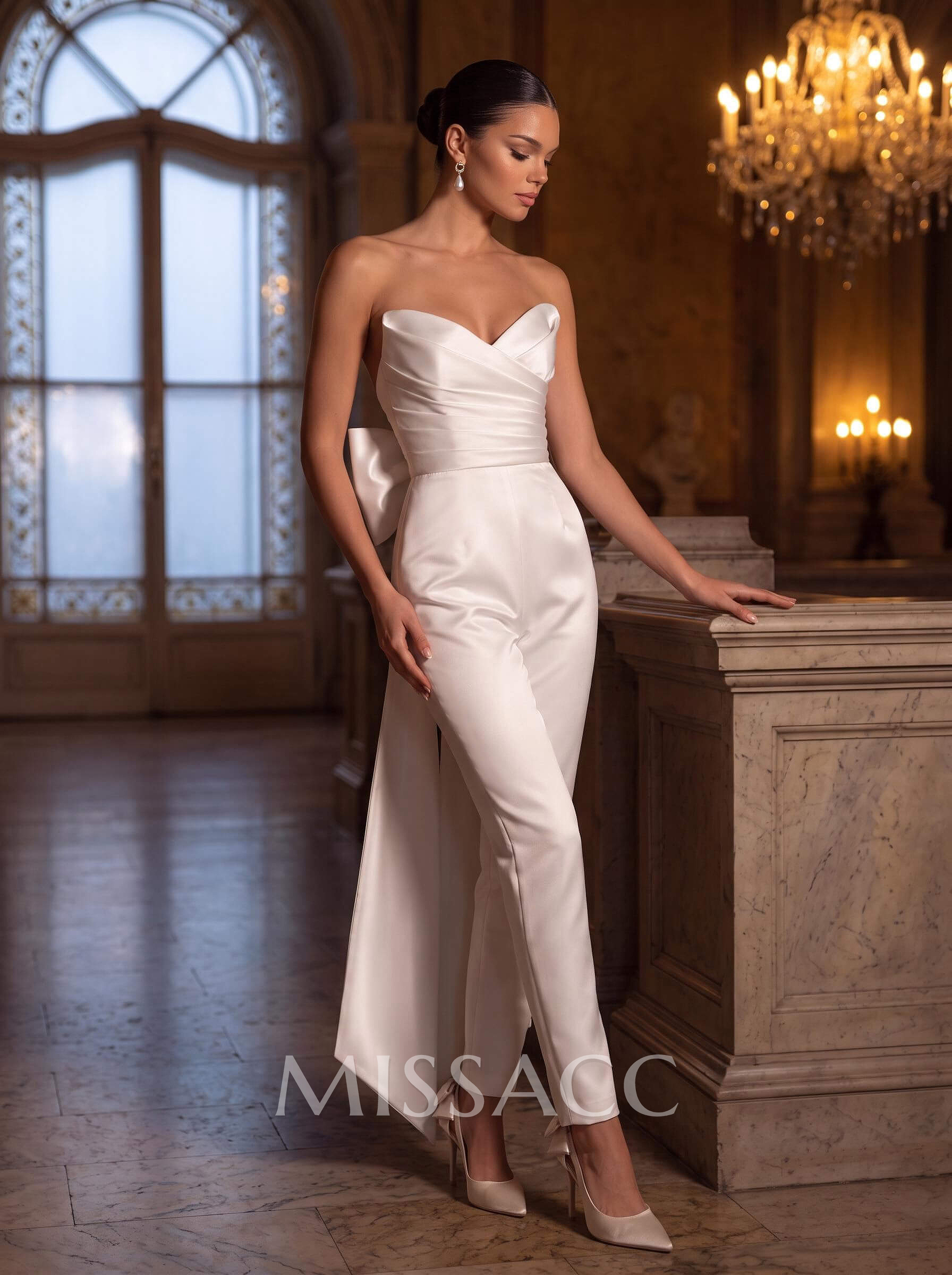 Jumpsuit Pantsuit Sweetheart Sleeveless Detachable Soft Satin Wedding Dresses With Bow