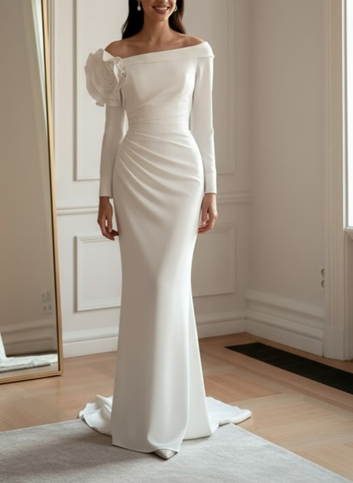 Trumpet/Mermaid Off-The-Shoulder Long Sleeves Sweep Train Elastic Satin Wedding Dresses With Flower(s)