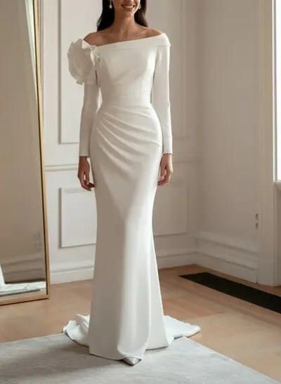 Trumpet/Mermaid Off-The-Shoulder Long Sleeves Sweep Train Elastic Satin Wedding Dresses With Flower(s)