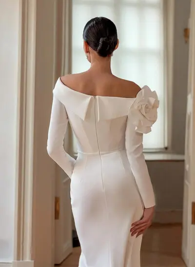 Trumpet/Mermaid Off-The-Shoulder Long Sleeves Sweep Train Elastic Satin Wedding Dresses With Flower(s)
