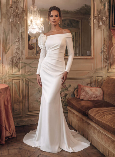 Mermaid/Trumpet Off-the-Shoulder Long Sleeve Stretch Satin Wedding Dress with Sweep Train and Floral Accents