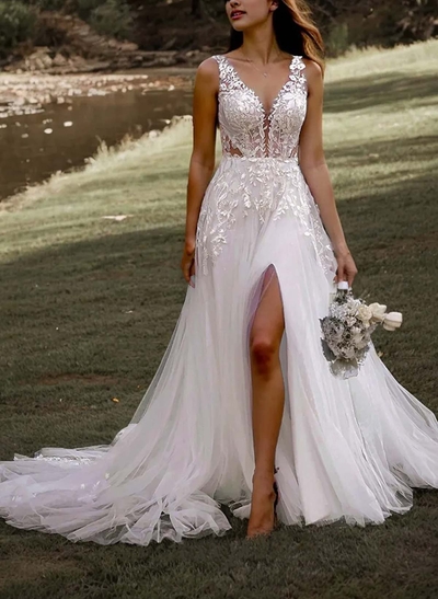 A-Line V-Neck Sleeveless Sweep Train Lace Wedding Dresses With Lace/High Split