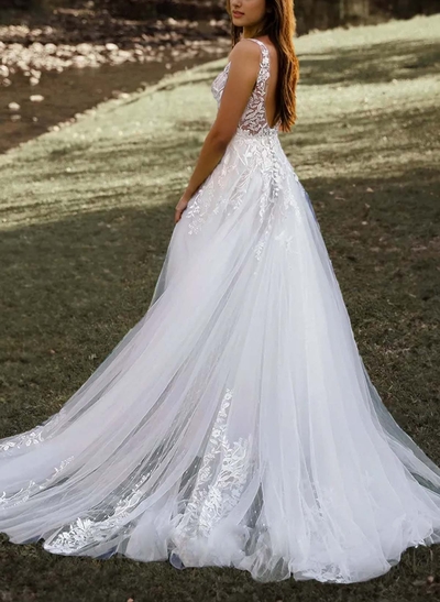 A-Line V-Neck Sleeveless Sweep Train Lace Wedding Dresses With Lace/High Split