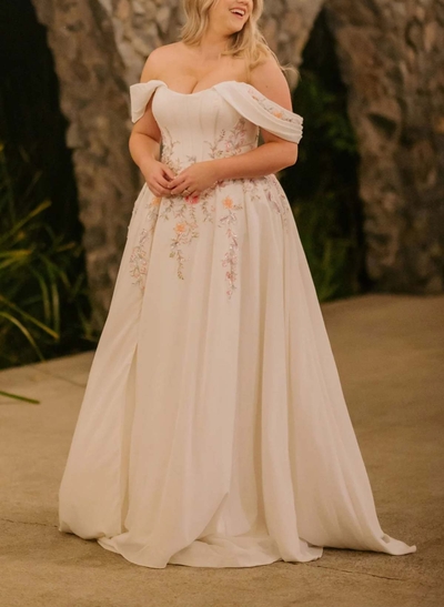 A-Line Off-The-Shoulder Cape Sleeves Court Train Satin/Stretch Chiffon Wedding Dresses With Split Front/Appliques Lace