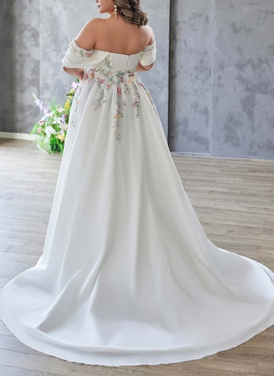 A-Line Off-The-Shoulder Cape Sleeves Court Train Satin/Stretch Chiffon Wedding Dresses With Split Front/Appliques Lace