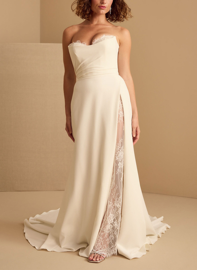 Trumpet/Mermaid Strapless Court Train Crepe Satin Wedding Dresses With Lace/High Split