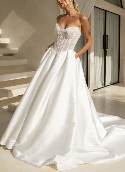 A-Line Strapless Sleeveless Chapel Train Matte Satin Wedding Dresses With Pockets