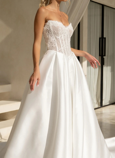 A-Line Strapless Sleeveless Chapel Train Matte Satin Wedding Dresses With Pockets