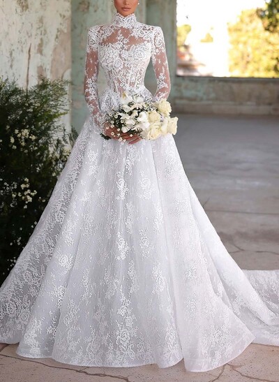 A-Line High Neck Long Sleeves Court Train Lace/Satin Wedding Dresses With Lace