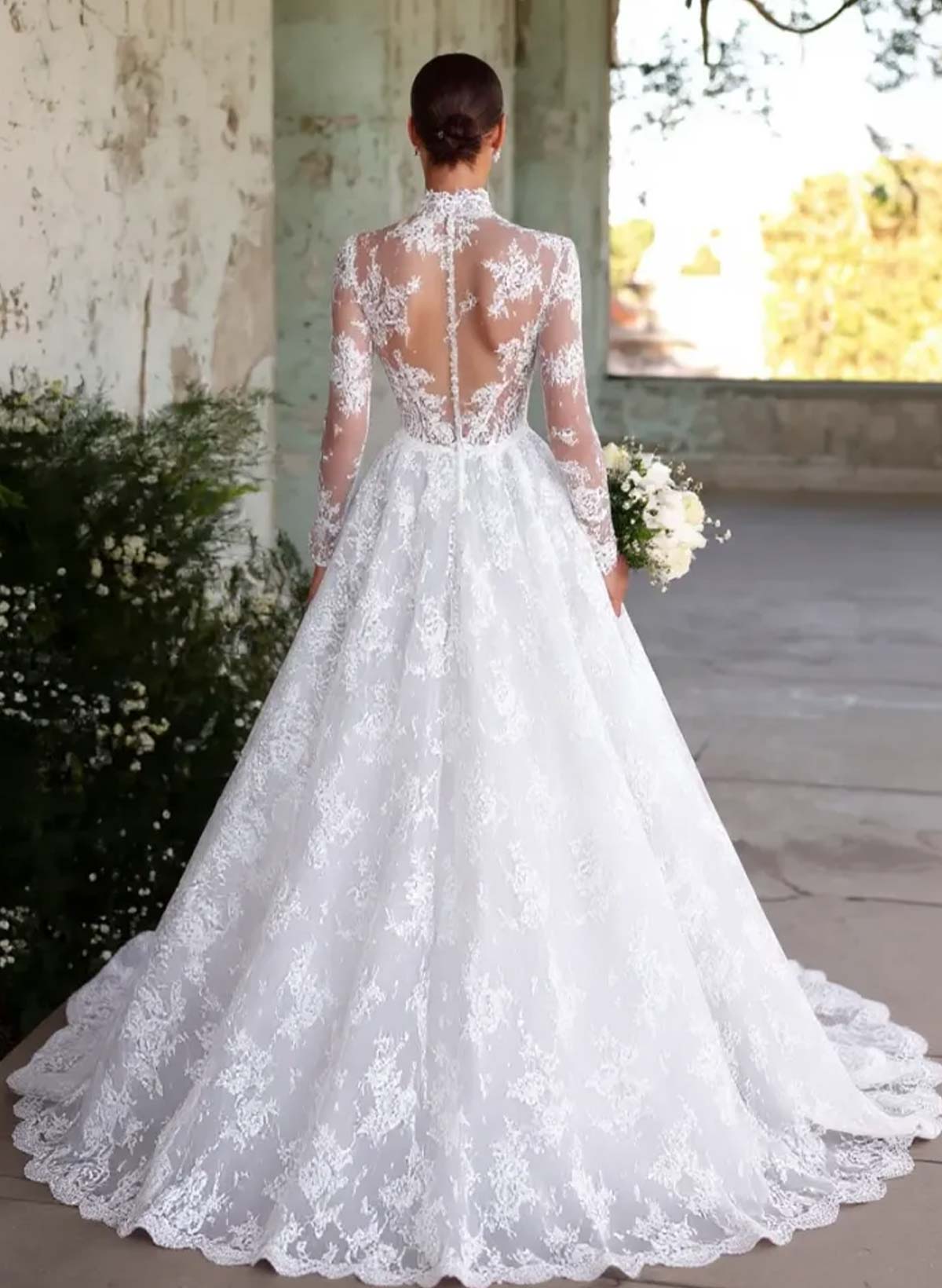 A-Line High Neck Long Sleeves Court Train Lace/Satin Wedding Dresses With Lace