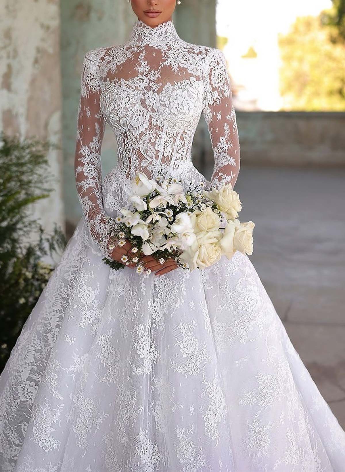 A-Line High Neck Long Sleeves Court Train Lace/Satin Wedding Dresses With Lace