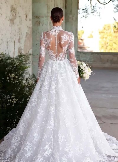 A-Line High Neck Long Sleeves Court Train Lace/Satin Wedding Dresses With Lace