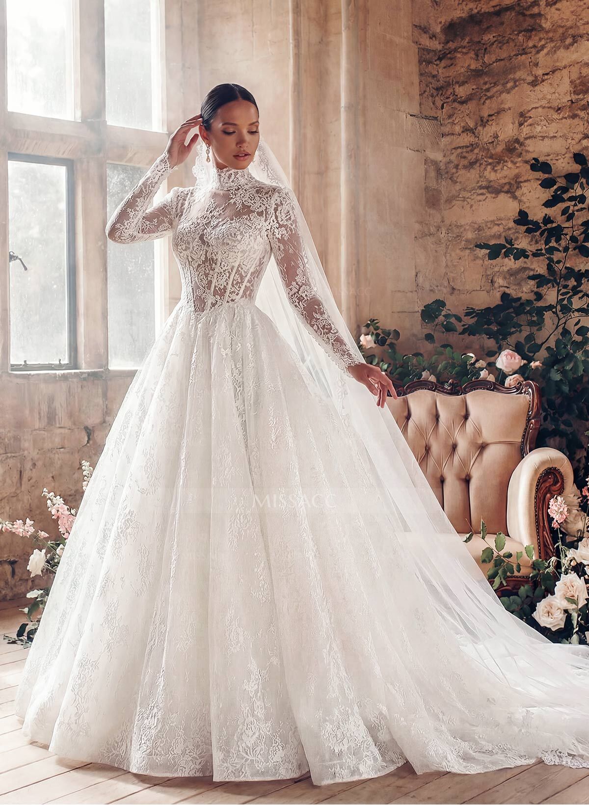 A-Line High Neck Long Sleeves Court Train Lace/Satin Wedding Dresses With Lace
