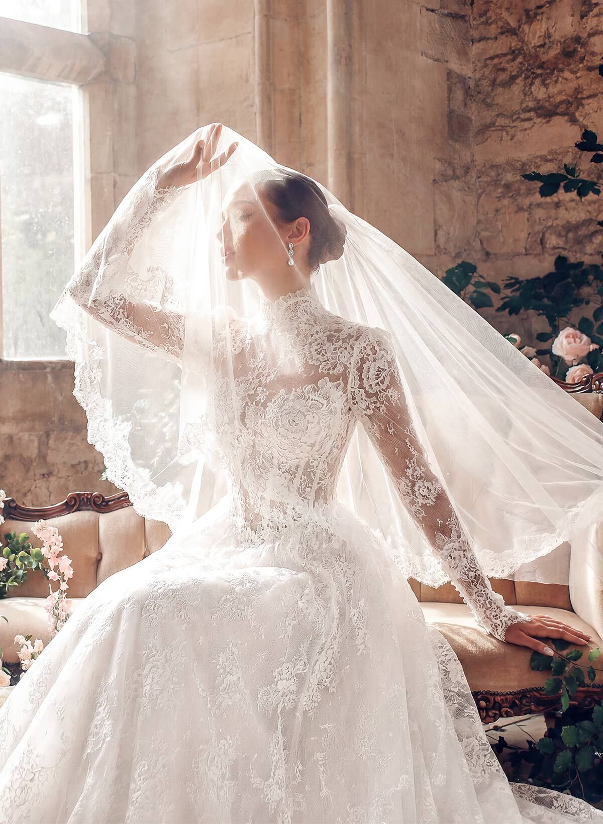 A-Line High Neck Long Sleeves Court Train Lace/Satin Wedding Dresses With Lace