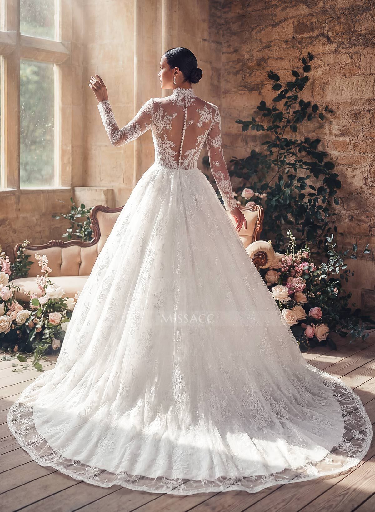 A-Line High Neck Long Sleeves Court Train Lace/Satin Wedding Dresses With Lace